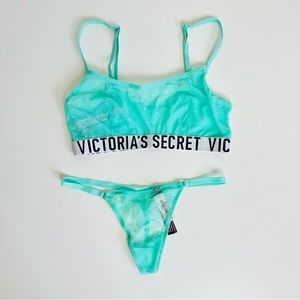 NWT Victoria’s Secret Mint Mesh Heart Logo Bra & Lace Thong Panty Lingerie Set